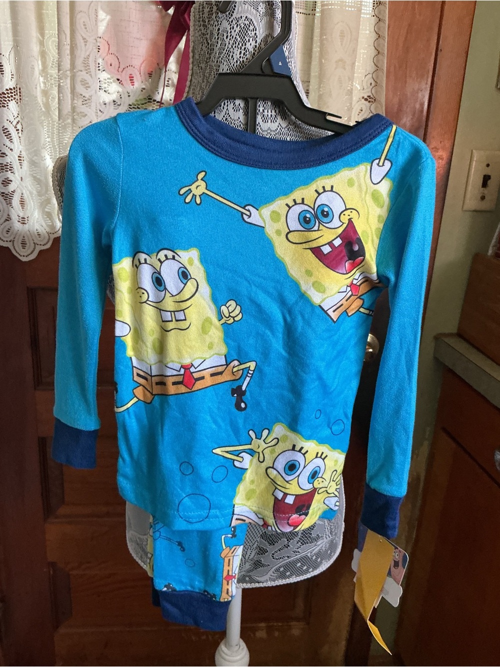 SpongeBob Squarepants Bright Blue Long Sleeve Pajama Top with Navy Trim